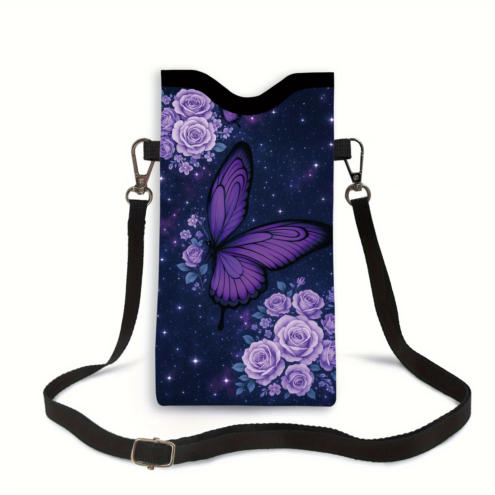 1 bucată Husă Telefon cu Imprimă Fluturi și Trandafiri Violeti pe Fundal Stelat - Curea Reglabilă, Piele Sintetică de Înaltă Calitate, Design Unisex pentru Majoritatea Telefoanelor și Portofelelor, Utilizare Casual și Elegantă Zilnică, Husă Telefon Fluturi, Accesoriu de Călătorie, Stil Modern