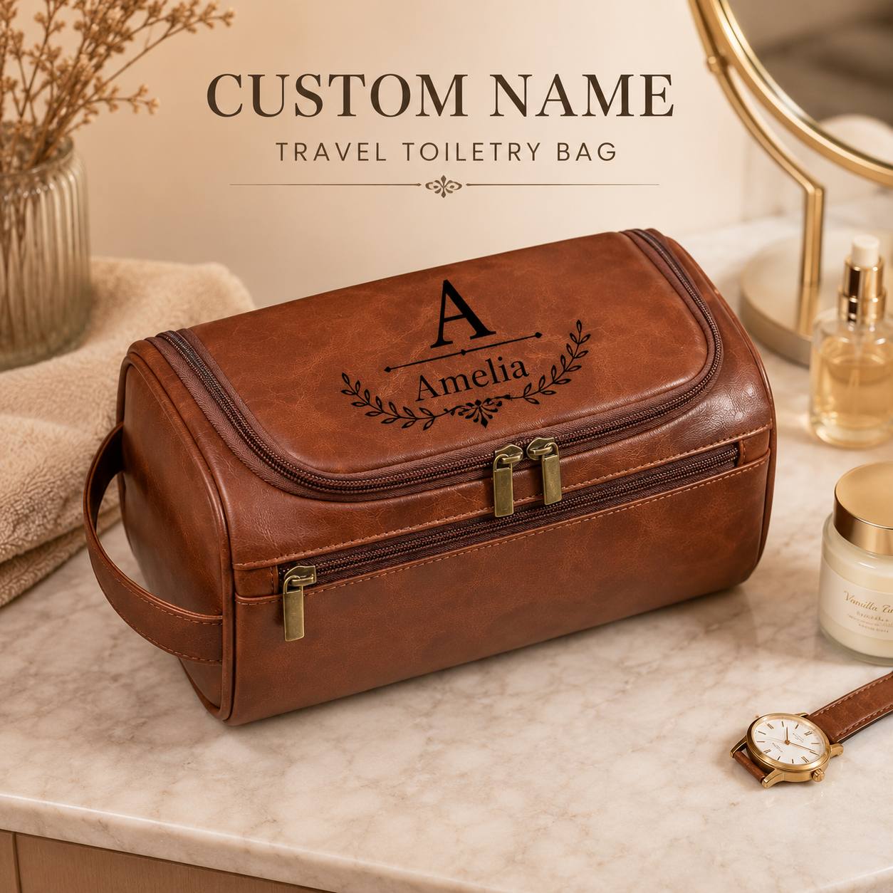 TEMU Custom Large Capacity Toiletry Bag, Organizer With Zipper Closure, Black Stylish Cosmetic Storage Pouch, Ideal For Travel And Daily Use, Perfect