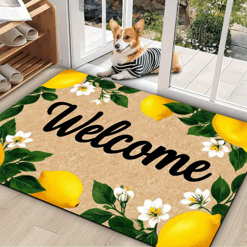 1pc " Welcome" Minimalist Modern Lemon Pattern Doormat, Outdoor Courtyard Doormat/southern European Welcome Mat/vacation Villa Entrance, Thick Velvet Material - Sponge Thickness 0.4inch/580 Grams Per