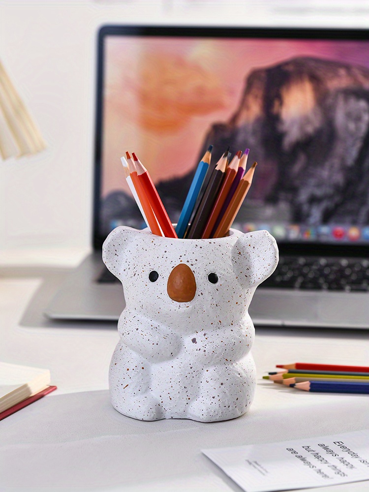 1pc cute koala makeup brush holder desktop organizer   bear shaped storage bin with   opening lightweight painted   for vanity office bathroom no   unisex gift for adults office decor decorative ornament   home organizers office workers Product details 0