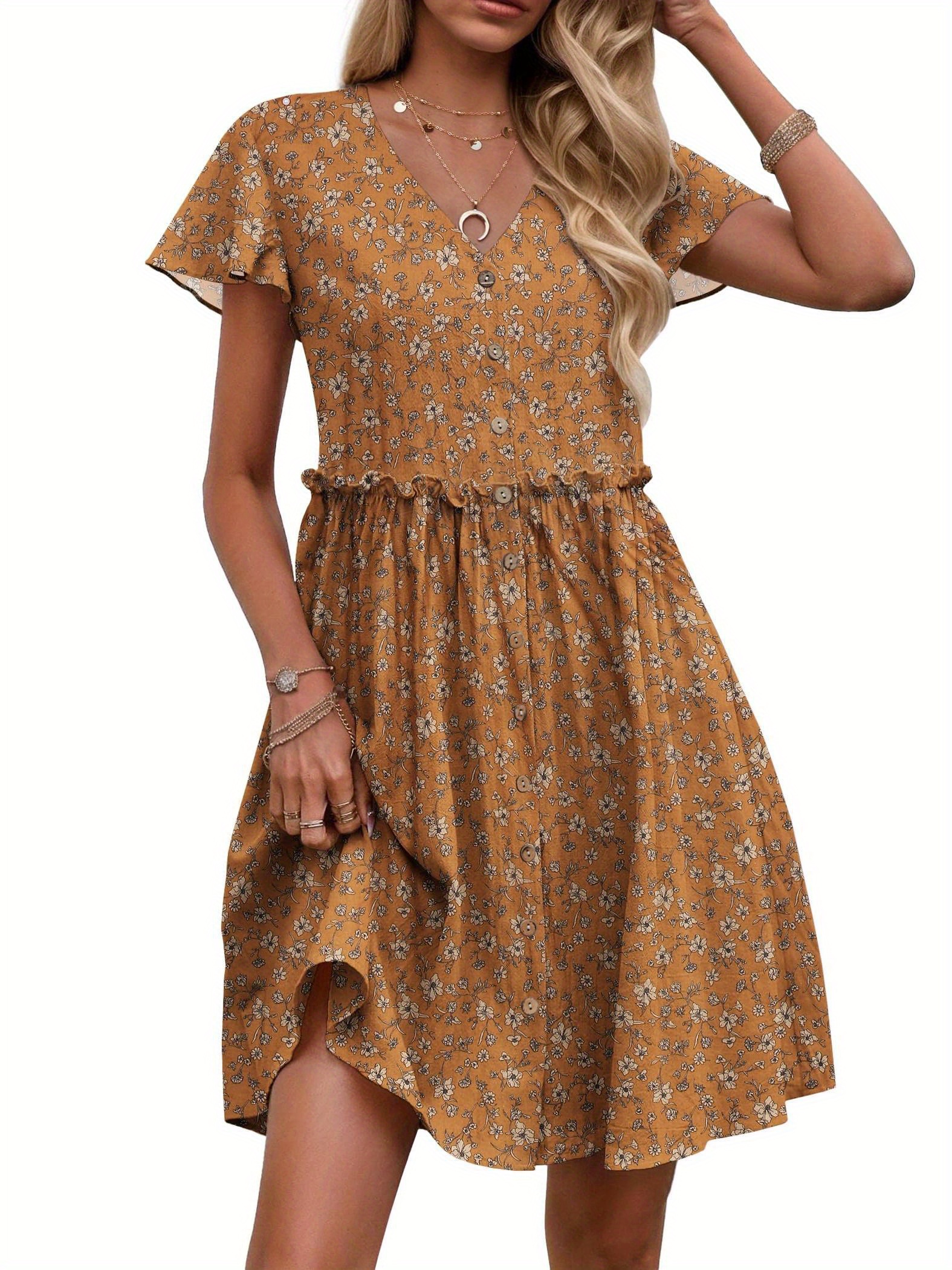 button summer dress spring flutter sleeve dress pockets - Temu