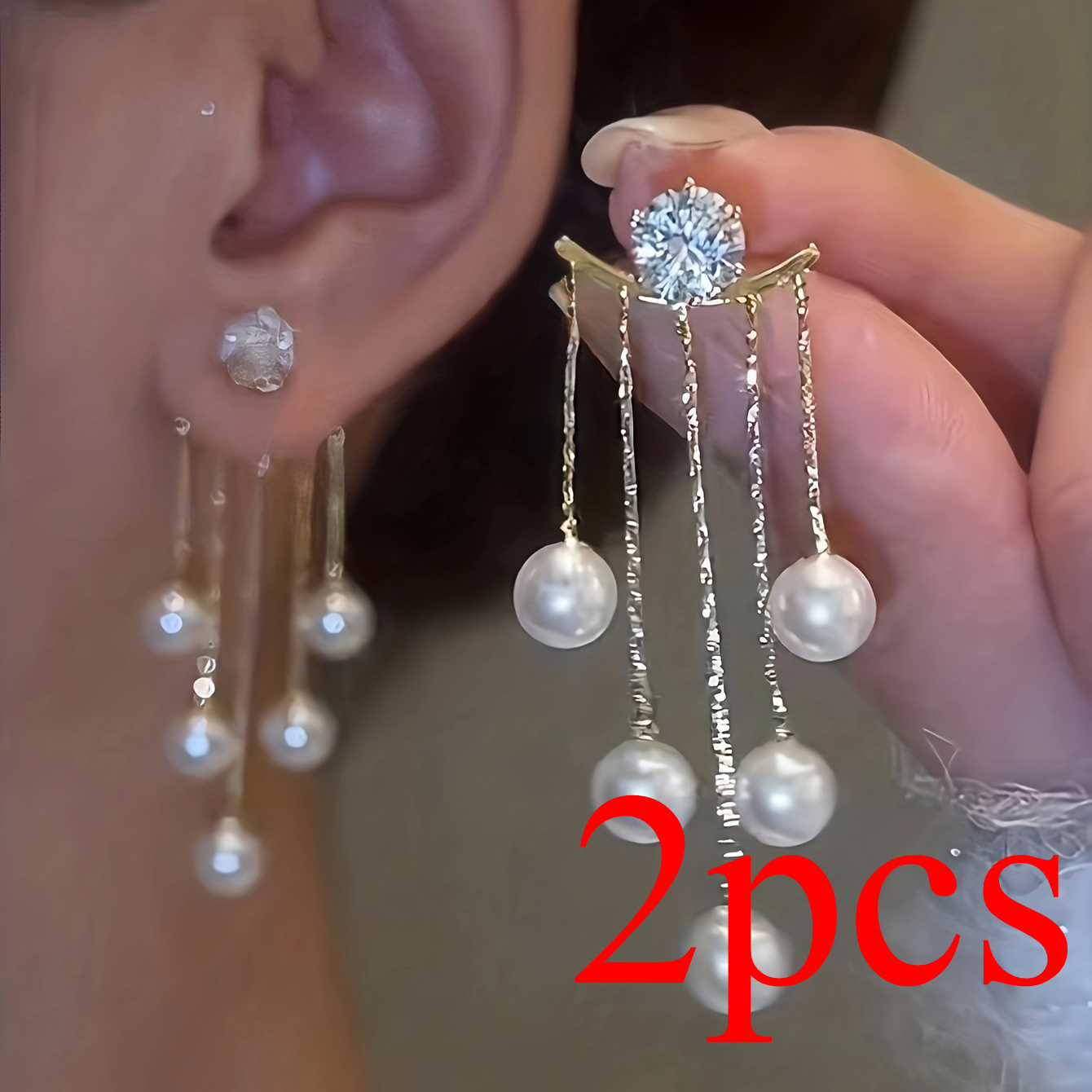 TEMU A Pair Of Pearl Tassel Earrings Set With Sparkling Cubic Zirconia; Decorative Dangling Earrings With A Stud Design; An Elegant And Luxurious