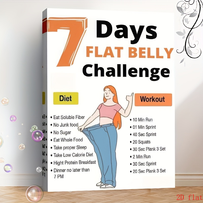TEMU 2d Flat, 2d, Framed 7-day Belly Challenge Poster- Fitness And Yoga Wall Art, 12x18 Inch Canvas Print With Diet And Exercise Plan, For Home,