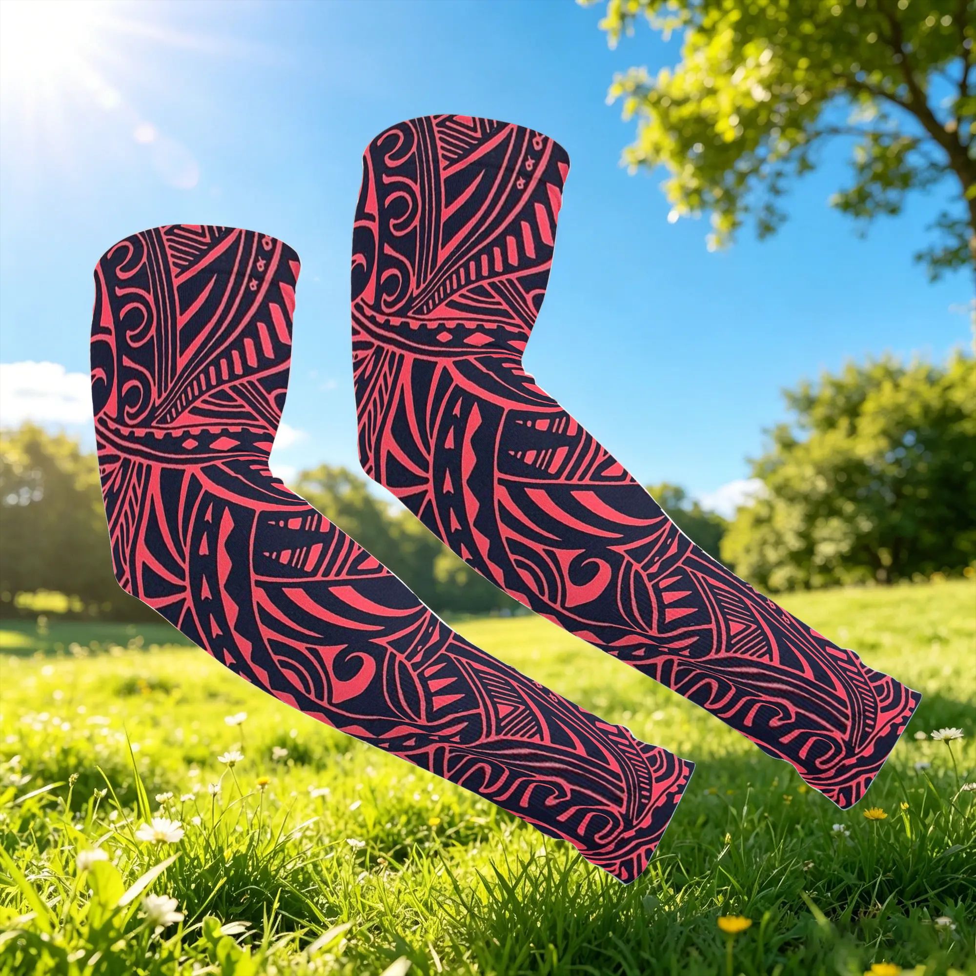 TEMU 1 Pair Red And Black Maori Polynesian Pattern Compression Arm Sleeves Ice Arm Sleeves Unisex, Cooling & Breathable Arm Sleeves For , Outdoor &