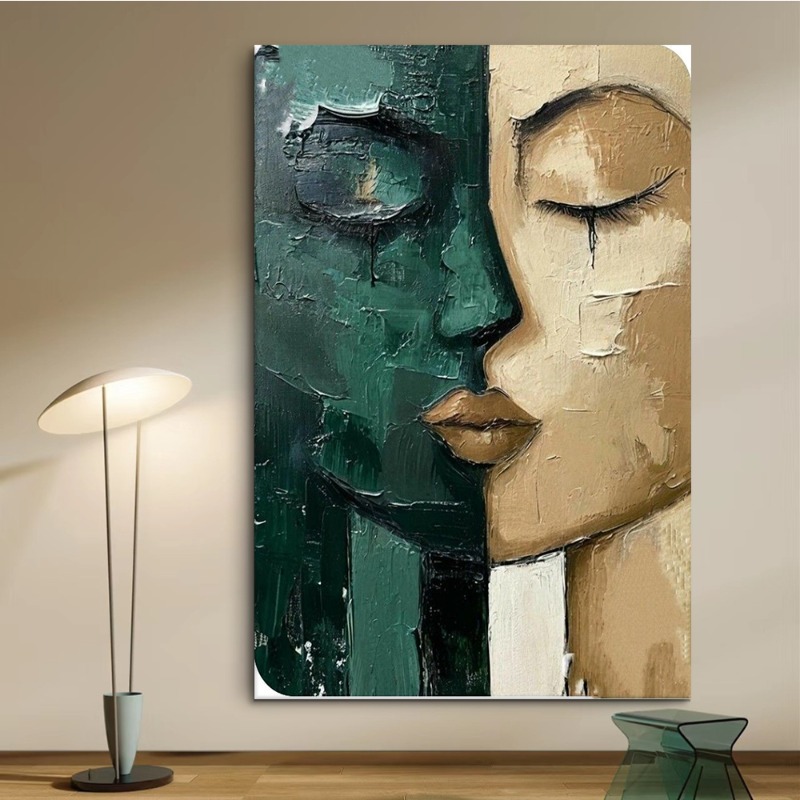 TEMU 2d Flat, 1pc Modern Abstract Face Wall Art - Green & Beige Olive Tones Vertical Half-face Portrait Canvas Print, Minimalist Beige & Green Tones