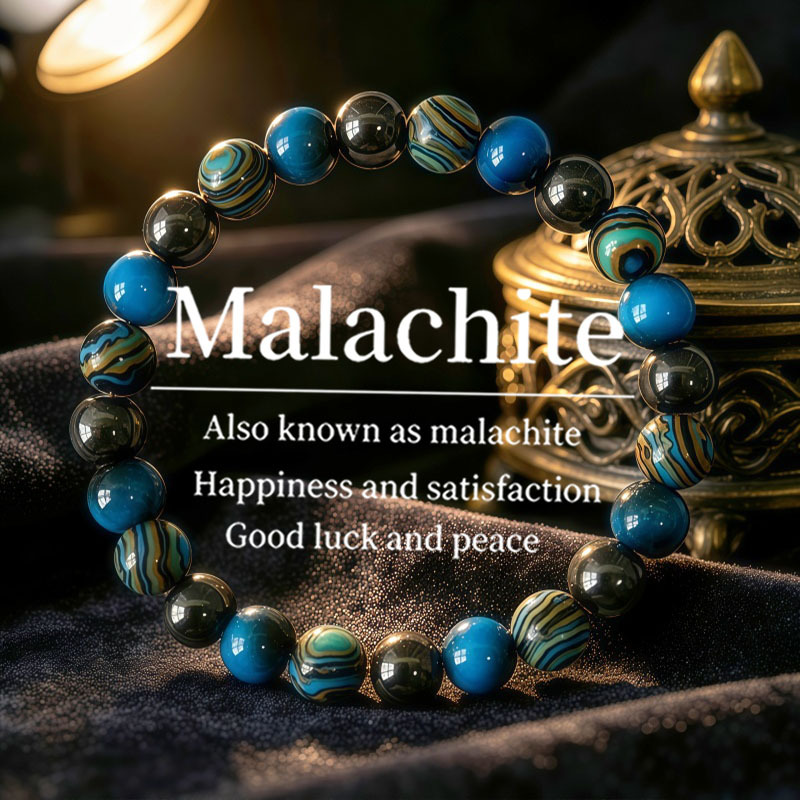 TEMU 1 Bracelet de perles de malachite bleu naturel pour , fait à avec de l'onyx noir de 8 mm et de l'œil de tigre bleu, bijoux en hématite, et ,