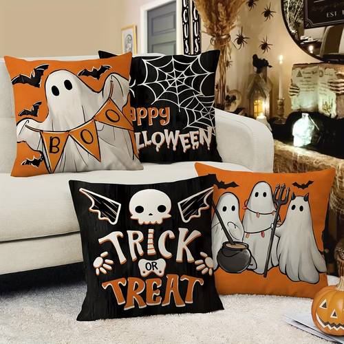 2d 4pcs satin peach single sided decorative pillowcases satin peach material halloween pillowcases decorative pillowcases with zipper closure machine washable with ghosts and spiderweb patterns