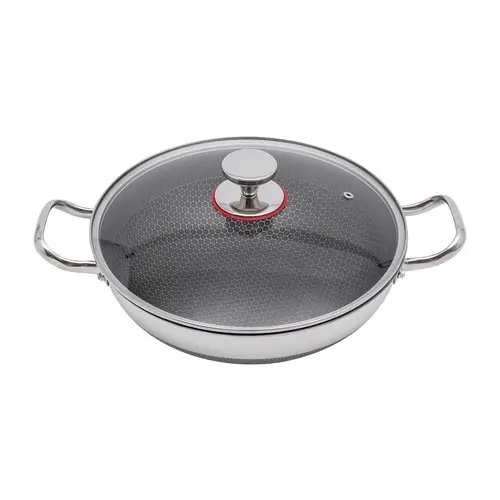 nonstick deep frying pan with glass lid steel deep for induction gas ceramic and electric stovetops two handle hold silvery