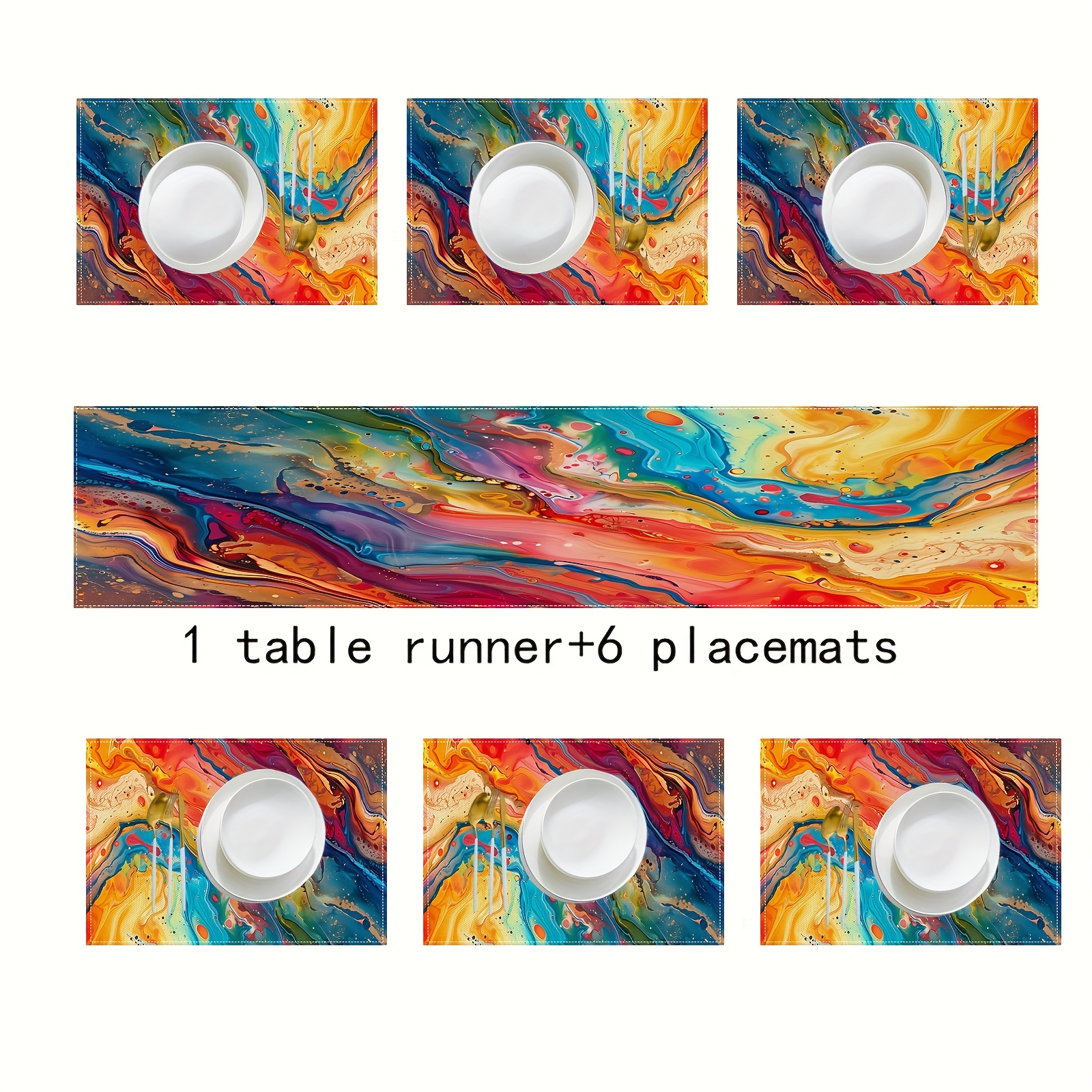 TEMU 5pcs Set / 7 Colorful Marble Pattern Table Runners And Placemats, Flags And Placemats, Modern Abstract Marble Design Rectangular Tablecloth,
