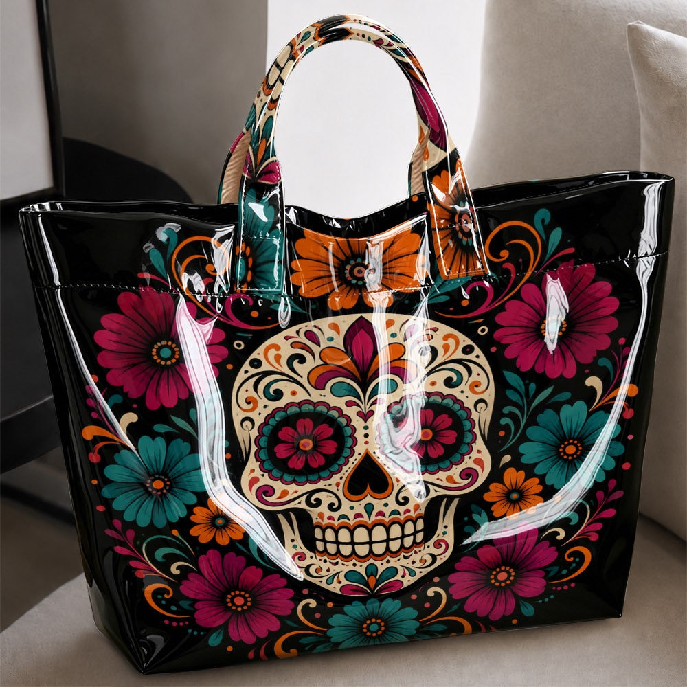 Sugar Skull Tote Bag - Large Capacity Glossy Pvc Handbag With Print, Colorful & Scroll Suitable For Halloween, , Casual Shoulder Bag
