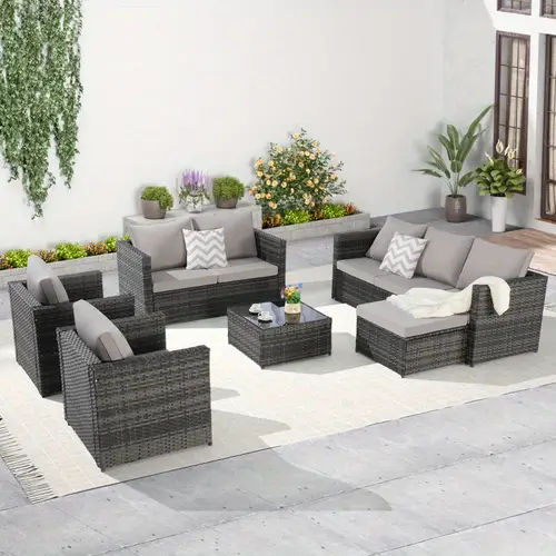 5pcs patio furniture set outdoor wicker rattan sofa conversation set all weather patio sectional sofa set with glass table s and pillows for garden backyard