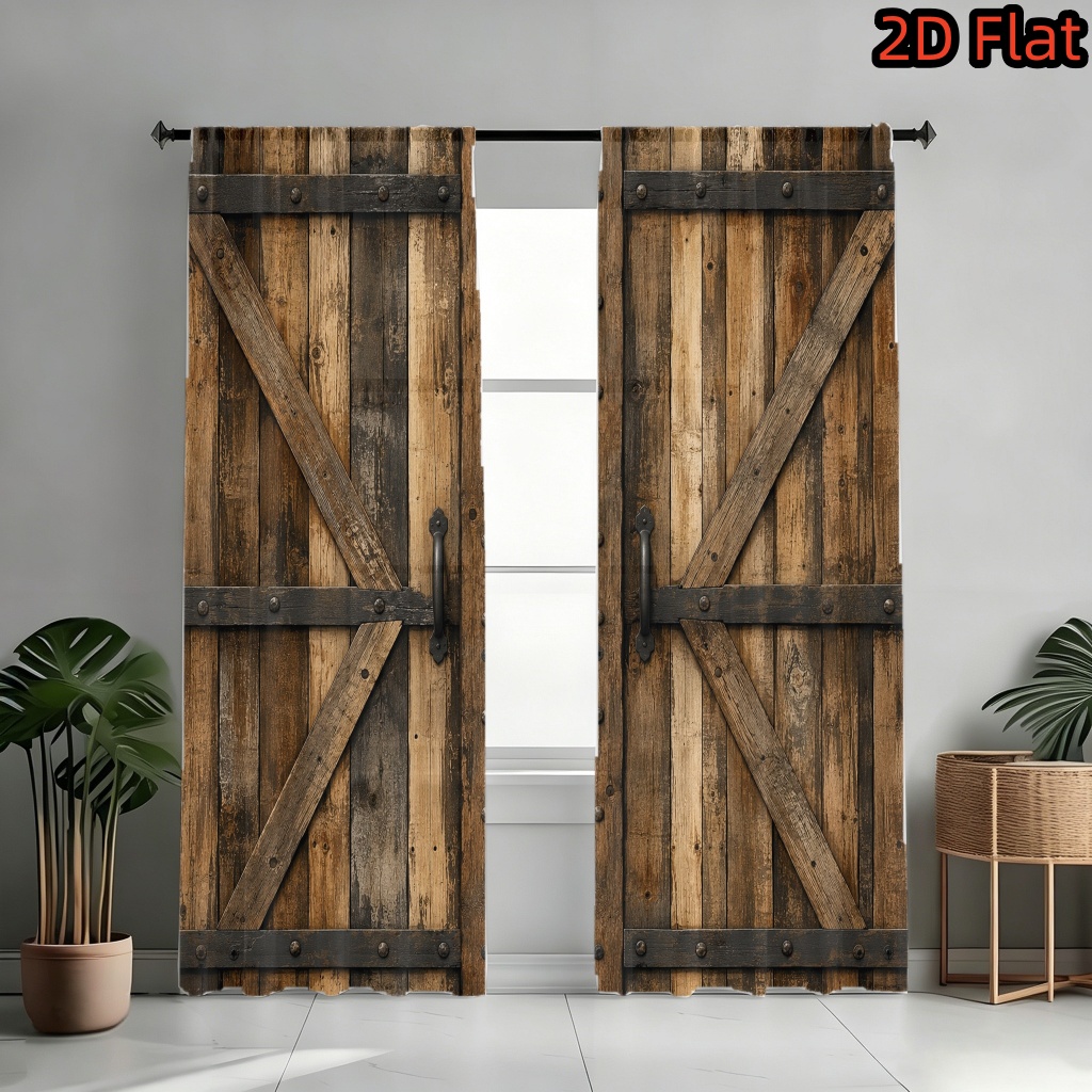 Image of 2d Flat - 2d Flat 2pcs Rustic Barn Door Filtering Curtains With Vintage Wood Panel Pattern, Farmhouse Decor, Rod , Curtains For Room Bedroom Dormitory Decoration