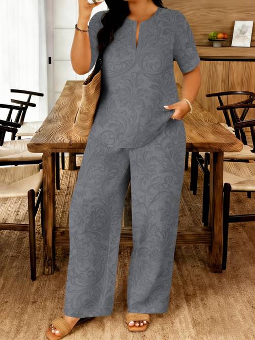plus size plus size womens clothing elegant gray floral print short sleeve long pants set for women comfortable loungewear casual set suitable for spring and summer outdoor wear mothers day gift