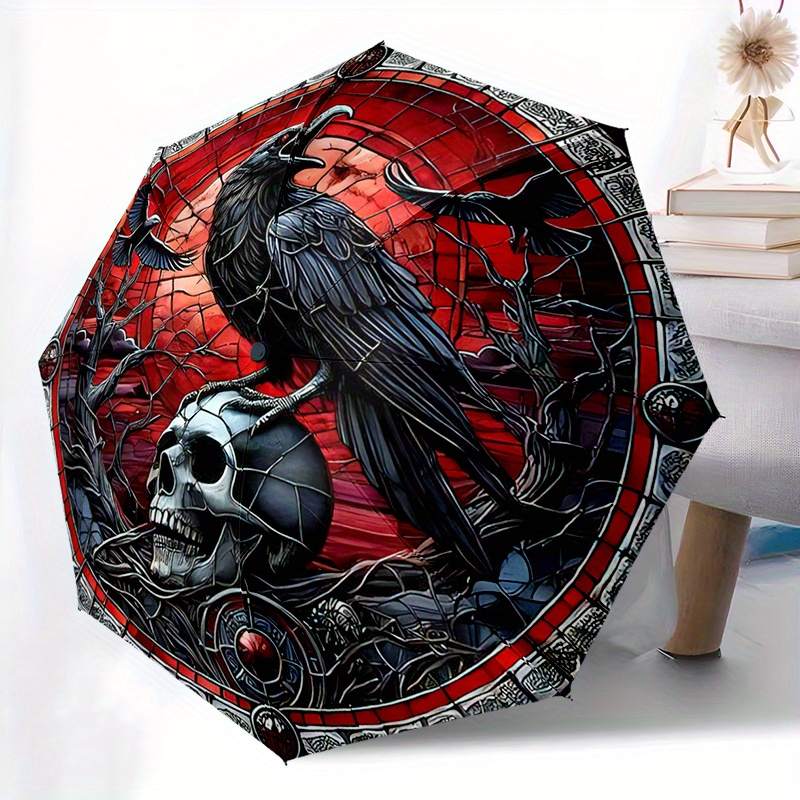 1pc Crow On Skull Automatic Folding Umbrella - Compact 8-rib Design For Outdoor Daily Compact Umbrella Perfect Gift For