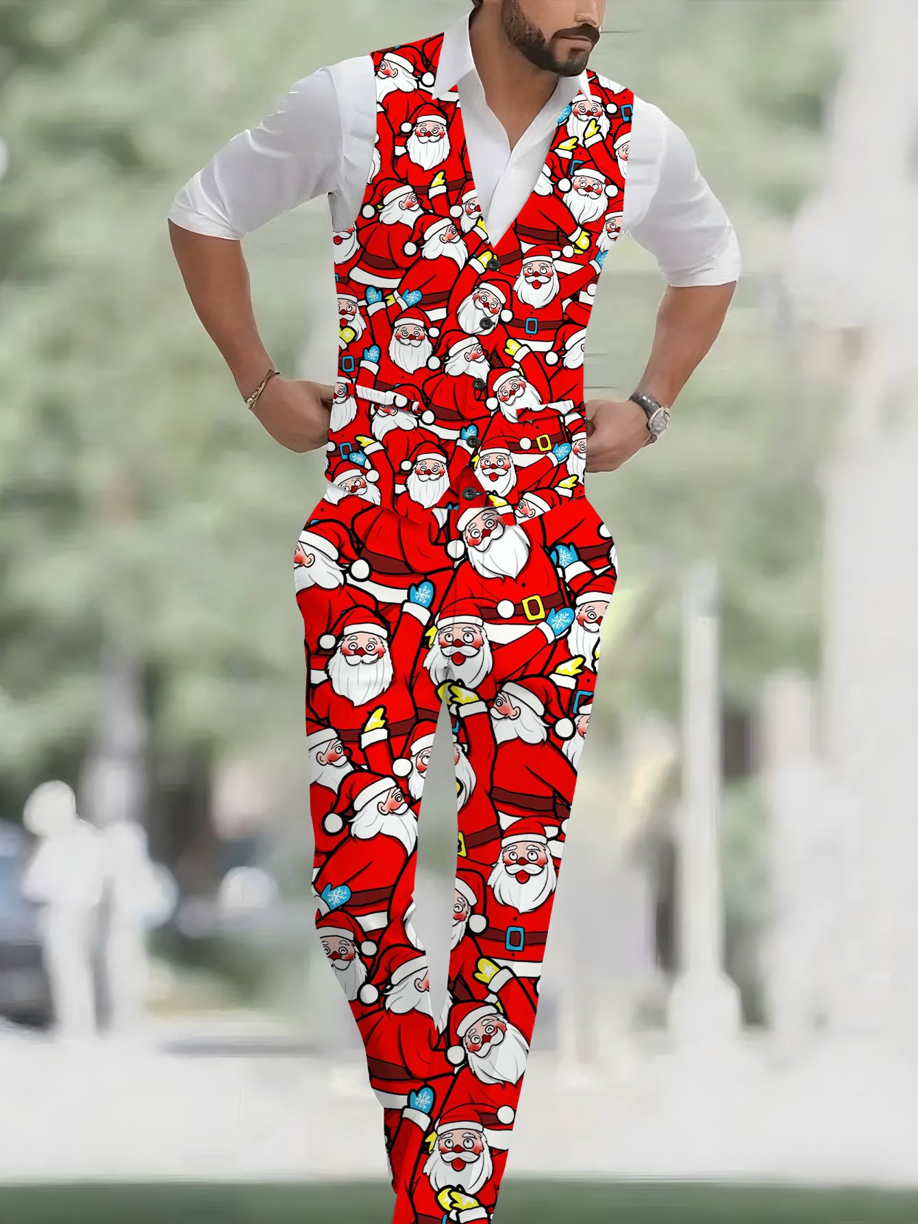 Men S Fashion 2pcs Vest + Trousers Set with Santa Claus Red and White Cartoon Print Classic Banquet Wedding Party Men S Suit Vest and Pants Combo Casual   Print Suit Vest with Pants