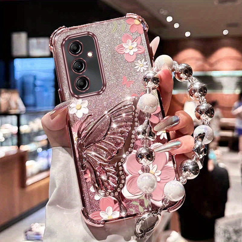 TEMU Coque de téléphone - Dragonne perle, , coque de téléphone de luxe avec motif floral et papillon pour Samsung Galaxy A16 Galaxya16, anti-choc,
