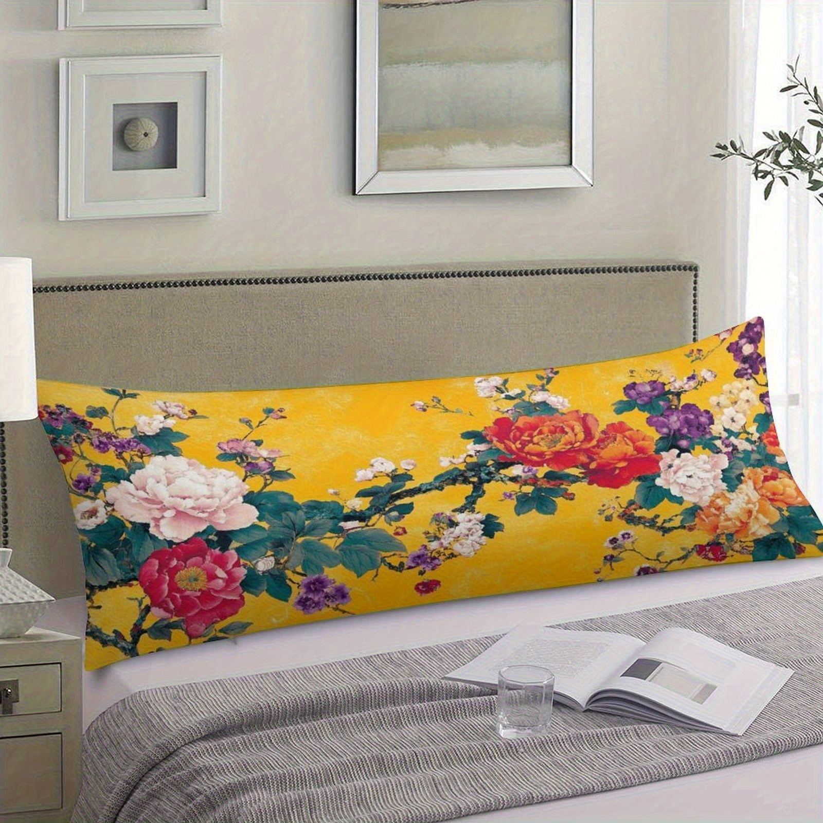 extra long body pillow case mustard yellow   with roses soft plush bed cushion cover for queen king beds sofas machine washable large pillowcase 20x54 inches 51x137  decor accent sofa accessory   style doublesided print bedroom accent fashionable pillowcase durable fabric interior design enthusiasts Product details 4