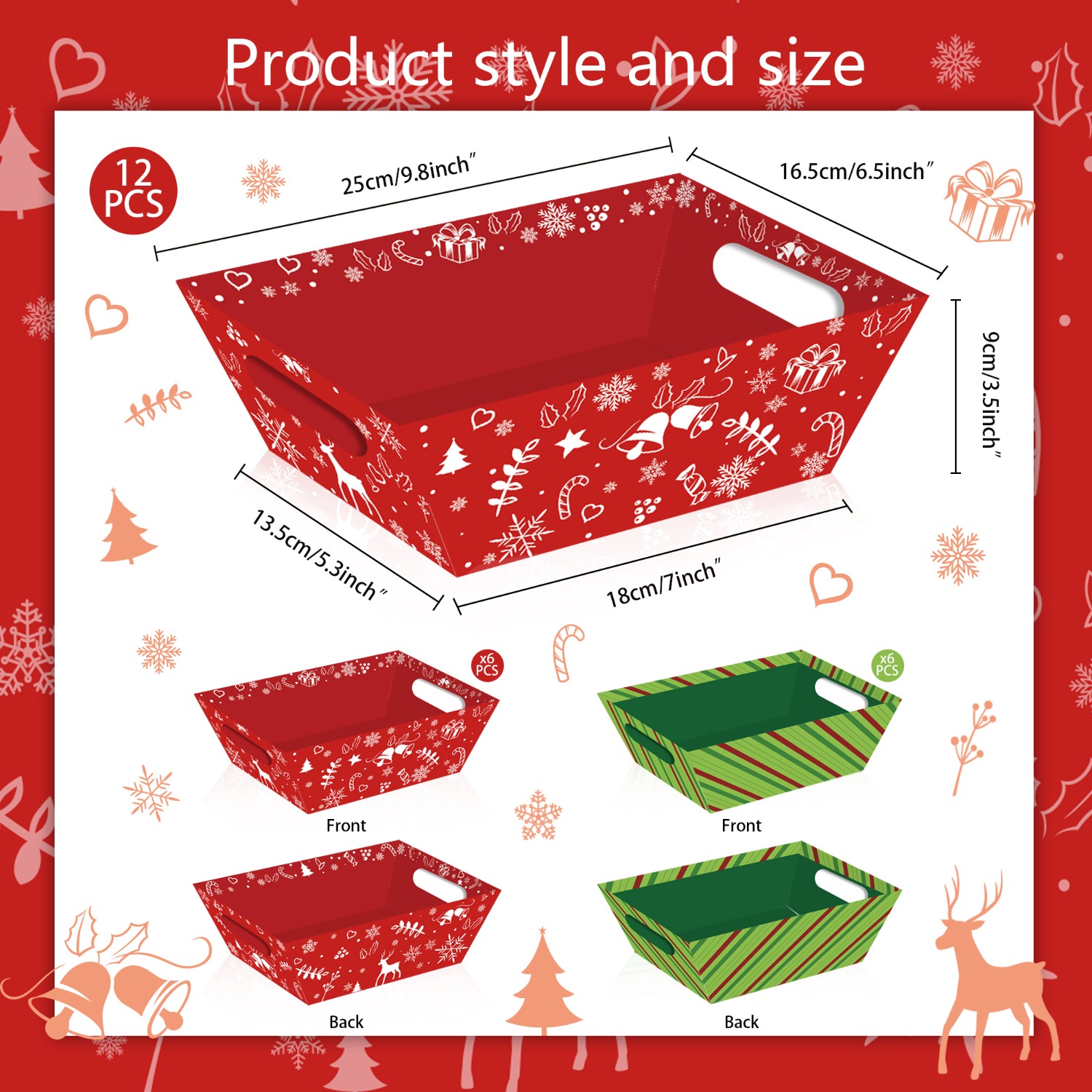 TEMU Lot de 12 paniers et plateaux en de Noël avec nœuds décoratifs, design pour décorations de fêtes et cadeaux de Noël, texture artisanale,