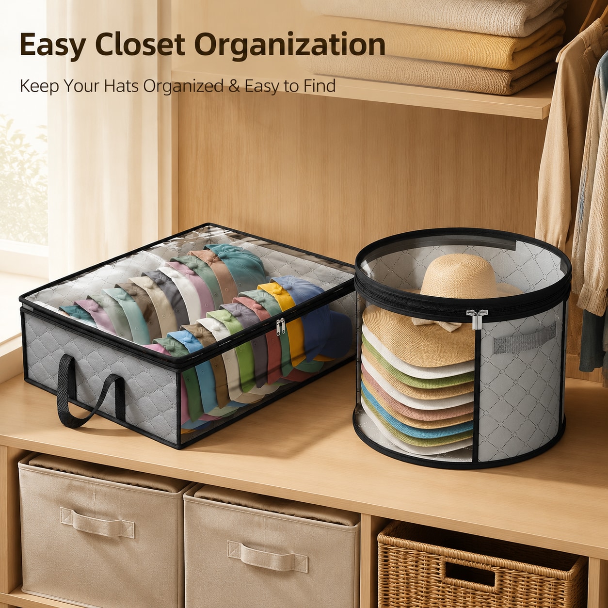 2pcs Set: Rectangular & Cylindrical Hat Storage Boxes