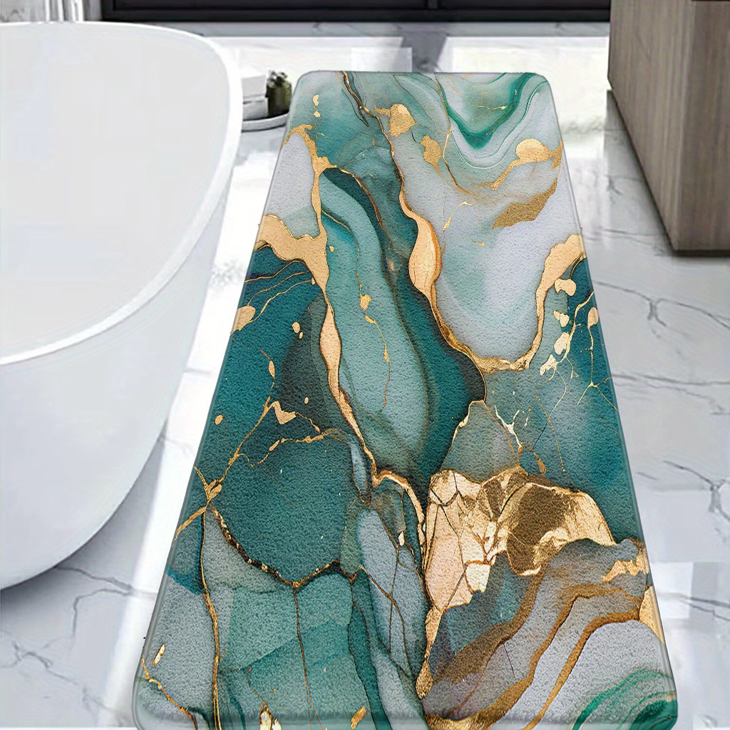 TEMU 1pc Golden Fluid Print Rectangular Bathroom Non-slip Mat, Light Luxury Artistic Style 1cm Thick-foldable Faux Cashmere Rug With Tpr Backing,