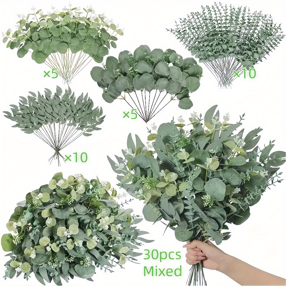 Image of 20pcs/25pcs/30pcs/50pcs/70pcs/100pcs/200pcs /nordic Style Artificial Eucalyptus Stems Eucalyptus Set/4 Mixed Artificial Green Stems/multiple Sizes ｜artificial Flower Material｜suitable For
