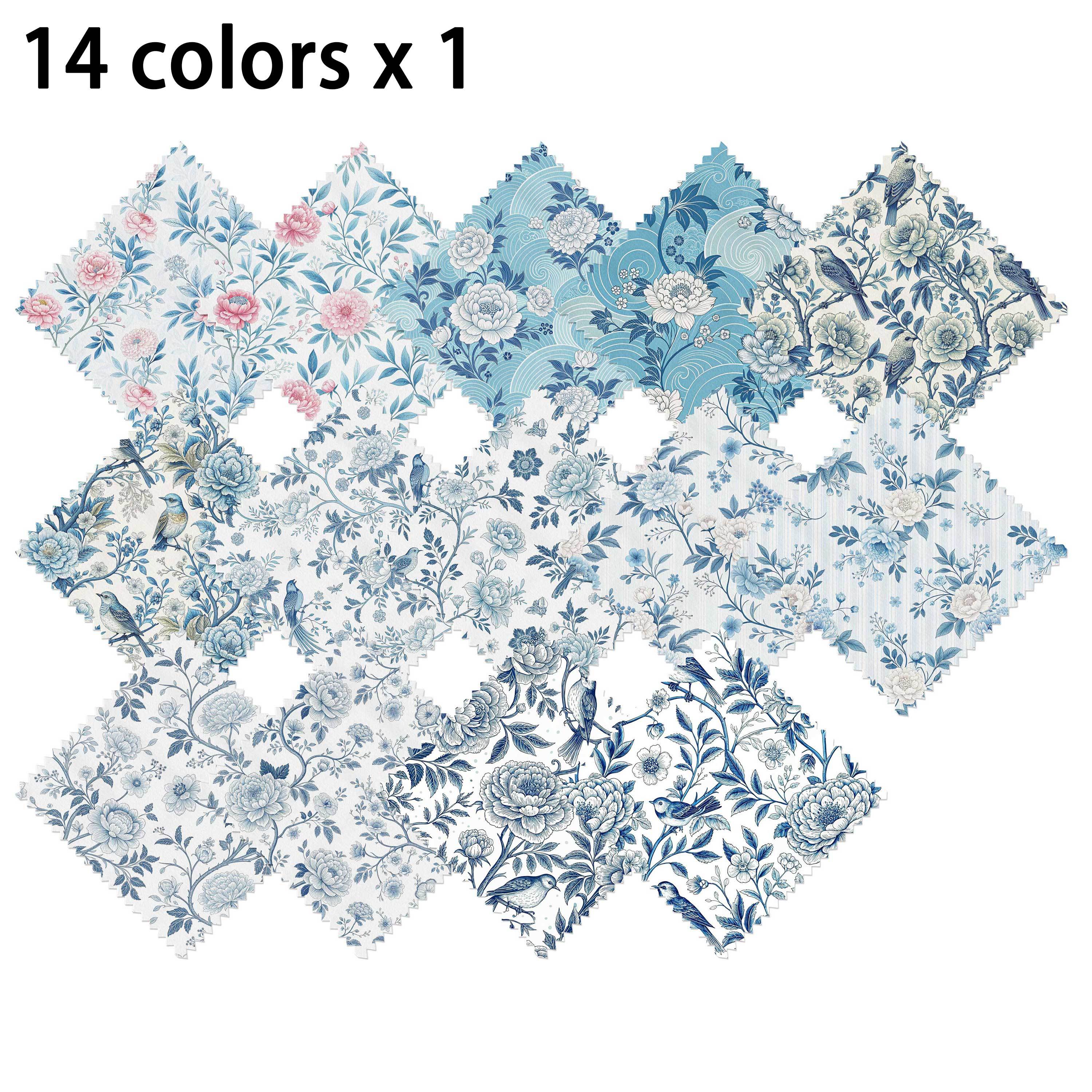 TEMU Ensemble de patchwork 14 pièces motif gâteau étagé : de tissus en patchwork style chinois en porcelaine bleue et blanche à floraux et d'oiseaux.