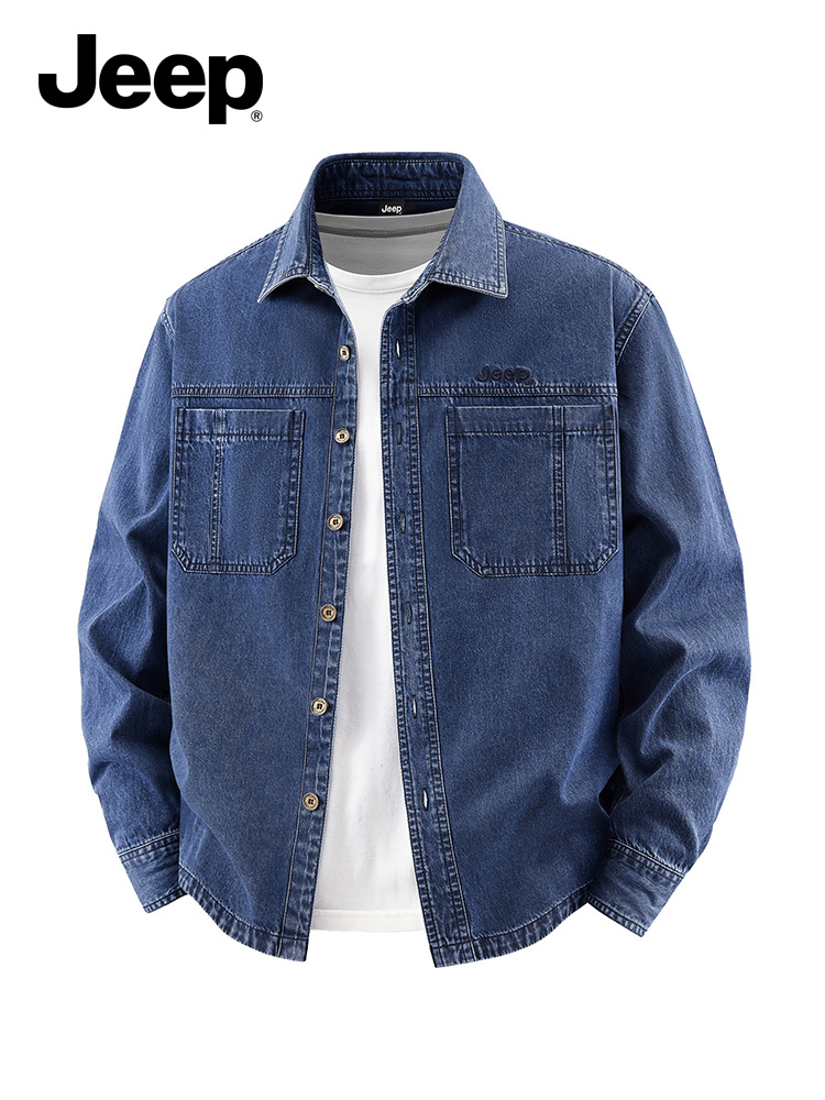 Jeep Cotton Denim Long Sleeve Shirt for Men Embroidered Logo Lapel Button Double Chest Pockets Wrinkle-resistant Stylish Light Business Casual