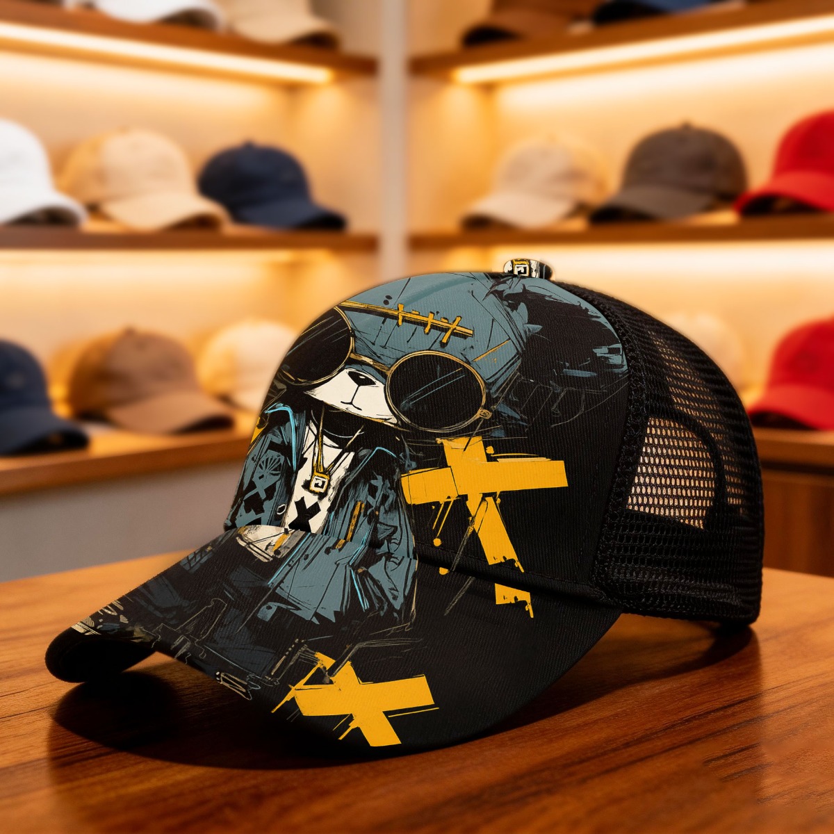 TEMU 1pc Unisex Streetwear Baseball Cap With Teddy Bear AppliquÃ© & 5- - Lightweight Mesh Hat Suitable For , Round Top Curved Brim Cap For Sports,