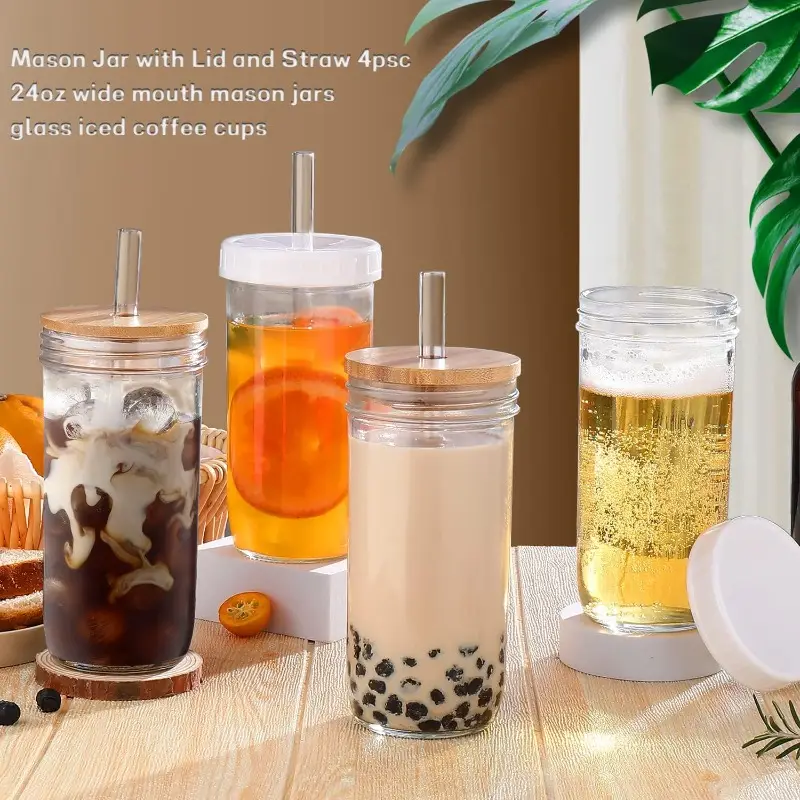 4pcs 24oz reusable glass cups with lids straws wide mouth mason jar design leak proof lids smoothies and cold drinks durable stylish beverage containers beverage serving cups modern glass cups durable glass cups glass cups for drinks Product details 3