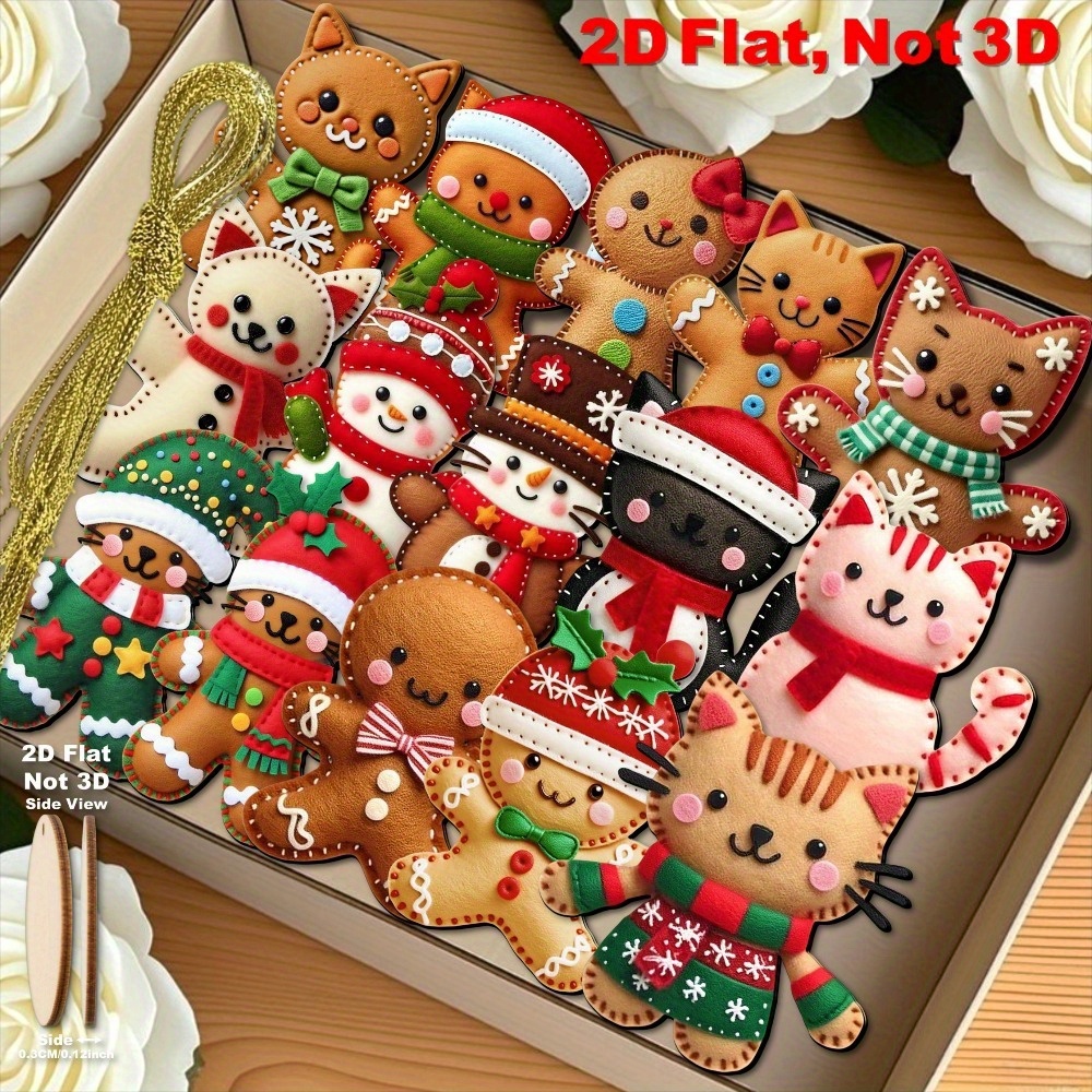 TEMU 2d Flat, [2d Flat] 15pcs Colorful Felt Style Gingerbread Cat Wooden Tree Toppers Ornaments Perfect For Christmas Office Classroom | Ideal As New