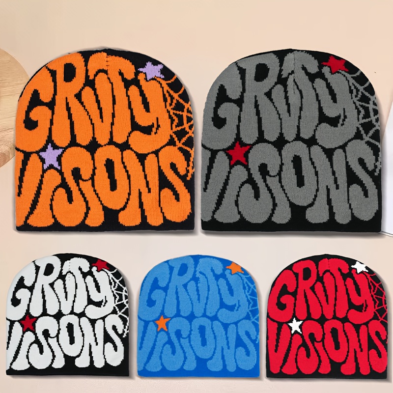 TEMU 5pcs Unisex Couple's Universal Style Personalized Side Spider Web Letter Jacquard Knitted Hat For Autumn And Winter Outdoor Travel. High Elastic