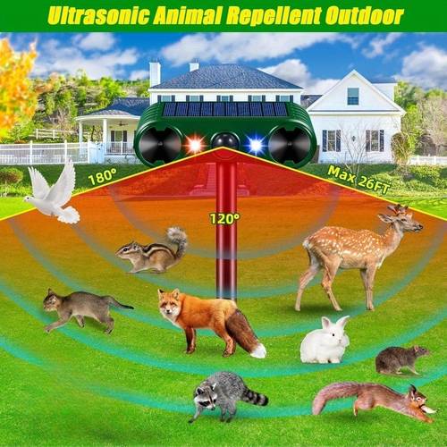 solar powered ultrasonic animal lent for outdoor use pir sensor red blue flashing lights to deer squirrels raccoons rabbits from yards gardens outdoor spaces