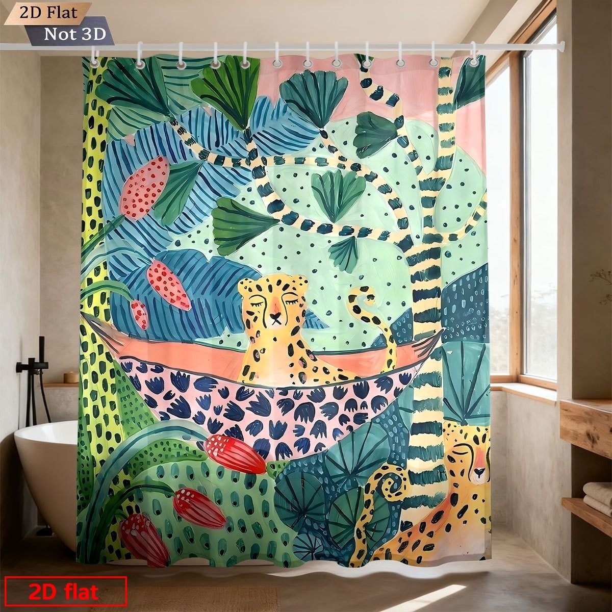 TEMU 2d Flat, 2d Flat Printing Shower Curtain, 1pc, Plant And Leopard Print Shower Curtain, Featuring A Fashionable Design With Printing, Includes