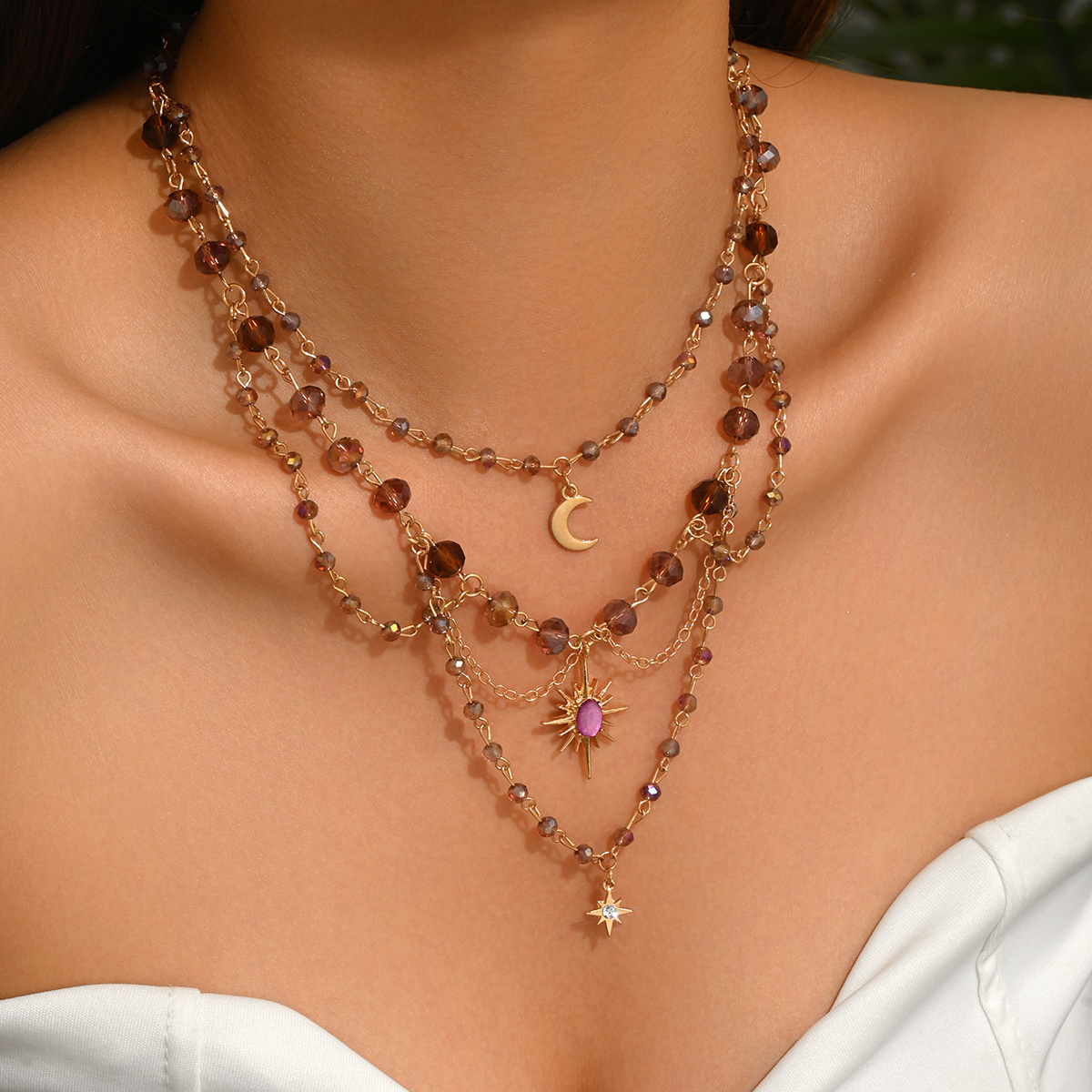 TEMU 1 Collar con Colgante de Luna y Estrella Bohemio para Mujer, Cadena Ajustable Multicapa de Cristal Artificial , para Uso Diario, Fiestas de