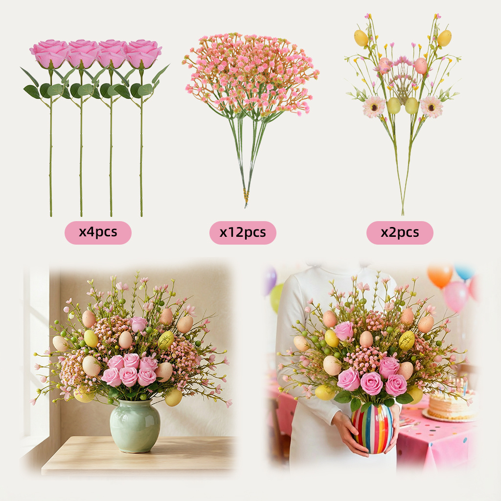 Image of 18pcs Easter Decorative Branch Plug-in Mix-and-match Artificial Bouquet- Roses Baby's Breath Egg Branches Bouquet Accessory Set- Top For Decor- Perfect For Thanksgiving