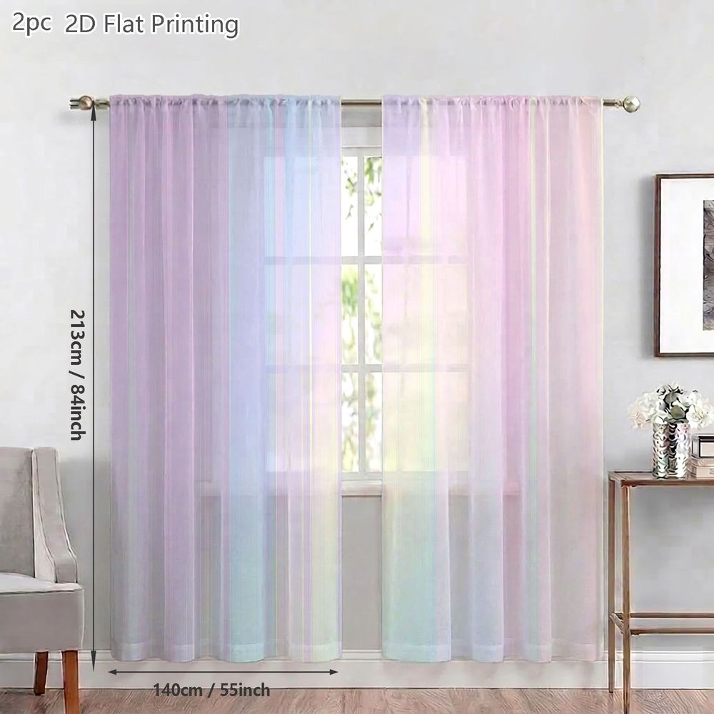 TEMU 2d Flat, 2pcs Spring, Summer, Autumn And Winter Semi-transparent Sheer Curtains, French Country Pastel Striped Sheer Curtain Look, For Living