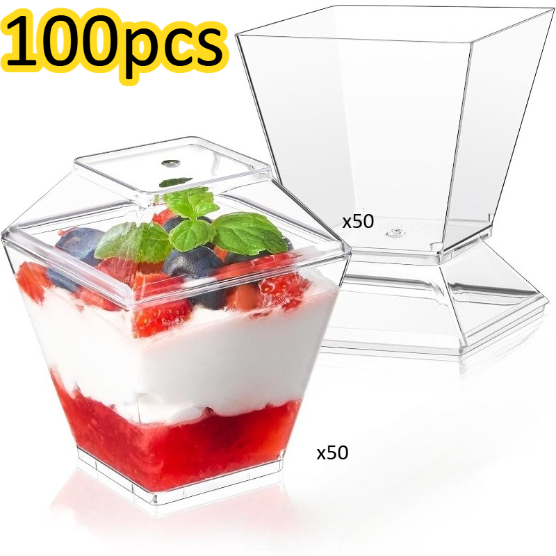 TEMU 100er-Packung (50 Becher und 50 Deckel) 2Oz Mini Dessertbecher mit Deckel - Klare Plastik Eisbecher (Stapelbar), für Pudding, Früchte, Gelee, ,