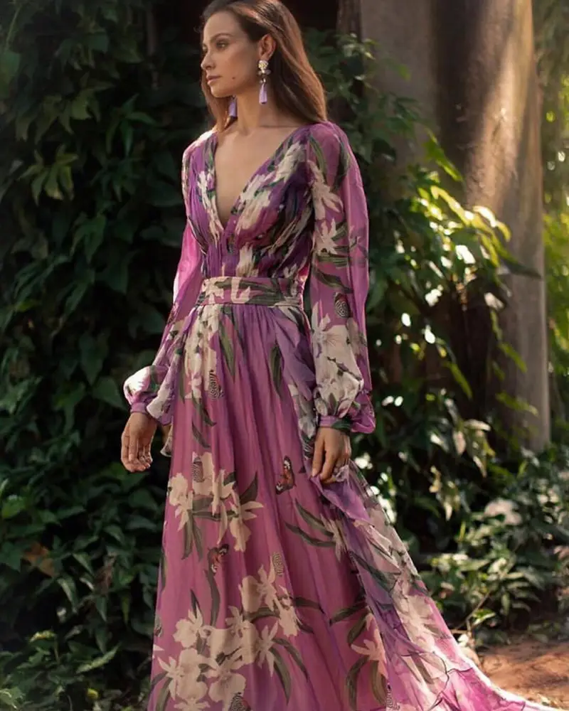 elegant printed v neck long sleeve swing dress Product details 1