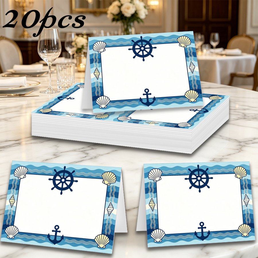 TEMU Seating Cards | 20pcs 4.7 X 3.5 Inch Nautical Themed Birthday Cards, Blue Ocean Table Cards, Blank Banquet Cards, Foldable Table Tent Position