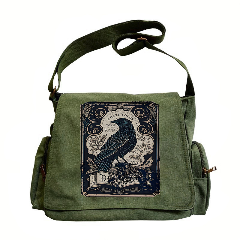 TEMU [ Bag] Retro Flip Shoulder Bag, Large Capacity With Crow Pattern Printing, Versatile For Shopping, Travel, And Dinner, For Gifts