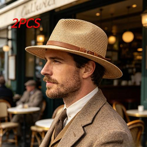 2026 new 2pcs unisex straw panama hat leather band wide brim sun hat for summer outdoor