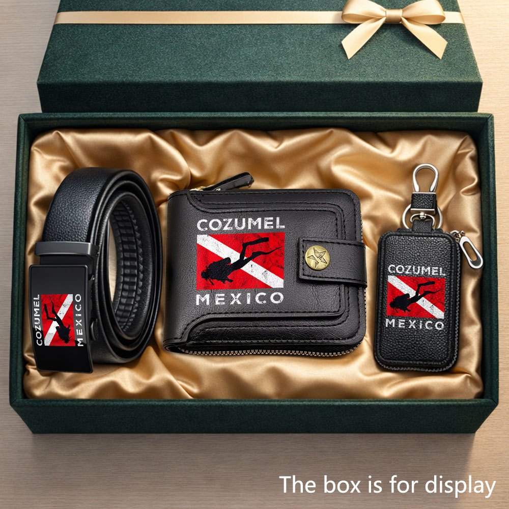 item picture mens 3pcs wallet set with   diving adventure guide print premium wallet featuring multiple card slots zipper pocket and photo window stylish belt classic sturdy key pouch business casual daily accessory suitable as a gift for husband