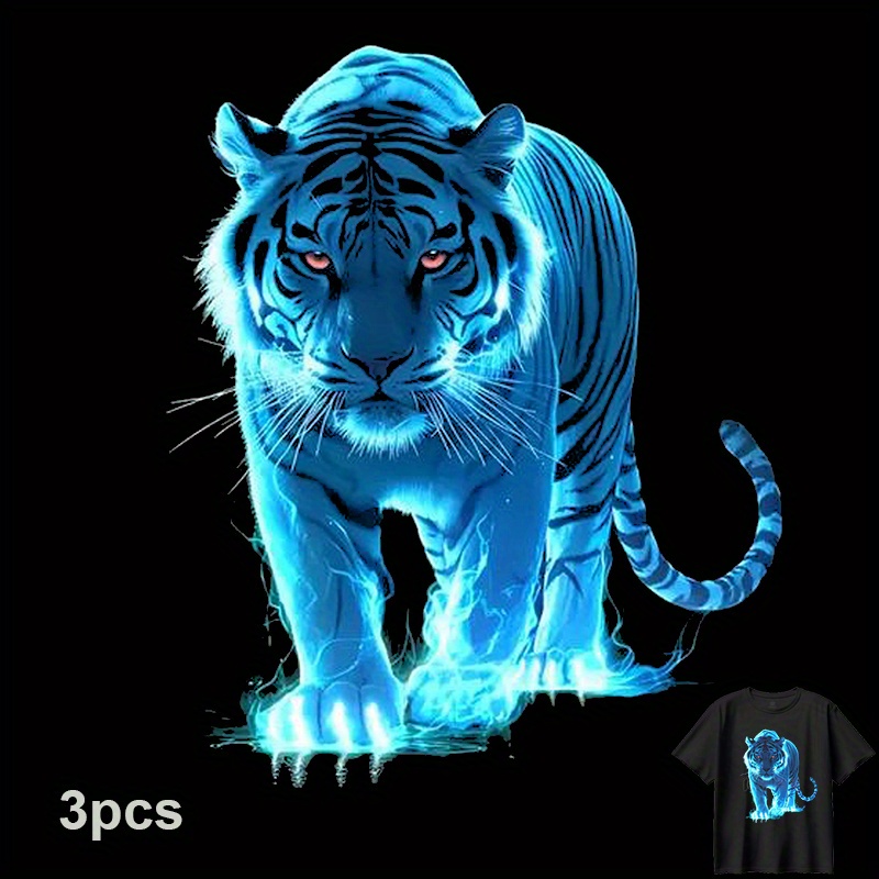 E-shop 3er-Set Leuchtendes Blau-Tigerstreifen T-Shirt Thermotransfer Aufkleber Thermotransfer Aufkleber Kleidung Dekoration Tigerstreifen Muster