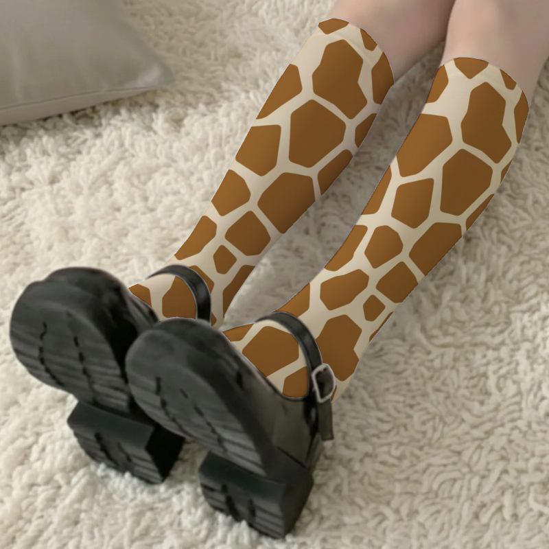 TEMU 1pair Women's Leg Socks Giraffe Pattern Unique Design Sexy Thin Casual Summer Socks Jk Style High Tube Fairy Socks Long Tube