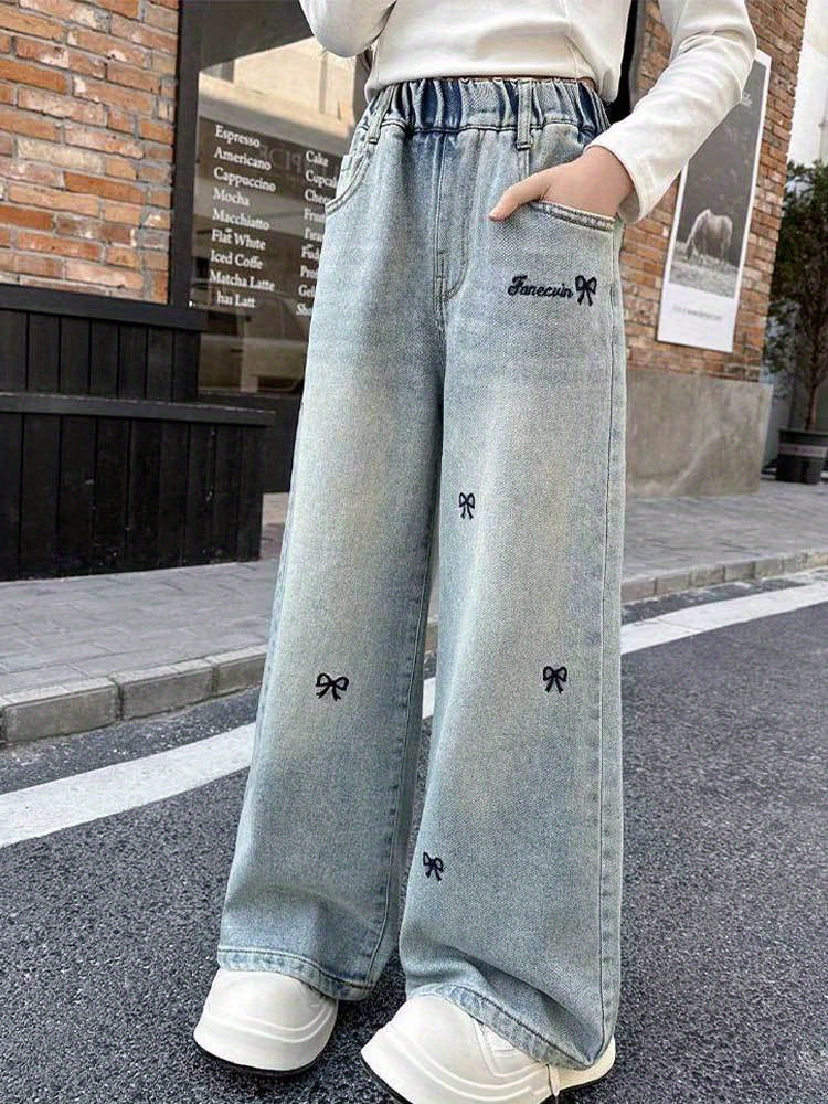 older girls jeans - 2025   & autumn styles, with trendy embroidery design, elastic waist, stylish, comfortable and full of personality, casual wear, seasonal wardrobe, fashion, stylish pants, soft material, quality stitching, flared pants, embroidered jeans, school outfits,   Product details 0