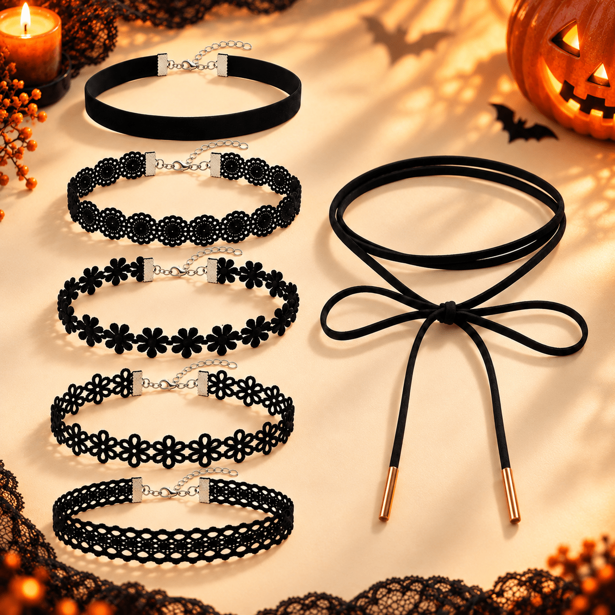 TEMU Ensemble de 6 ras-de-cou ajustables pour femme, style Halloween gothique Y2K avec nœud, dentelle et fleur, convient pour les fêtes, , le cosplay