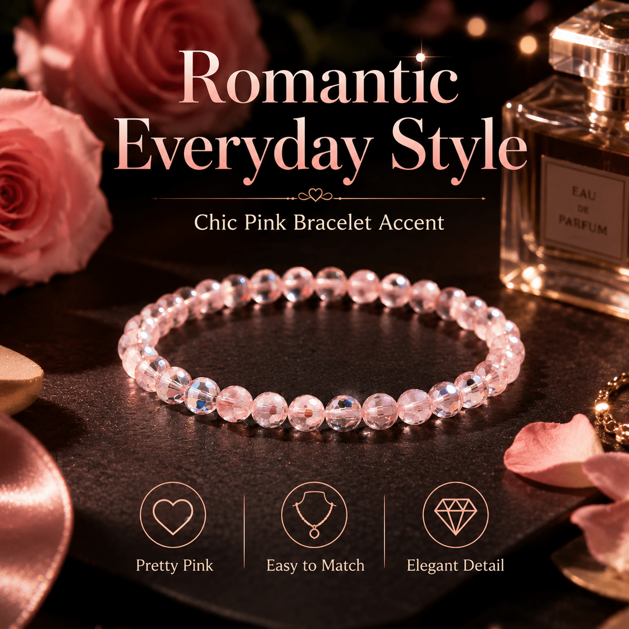 Women's Pink Crystal Beaded Bracelet, Sparkling Gift Option