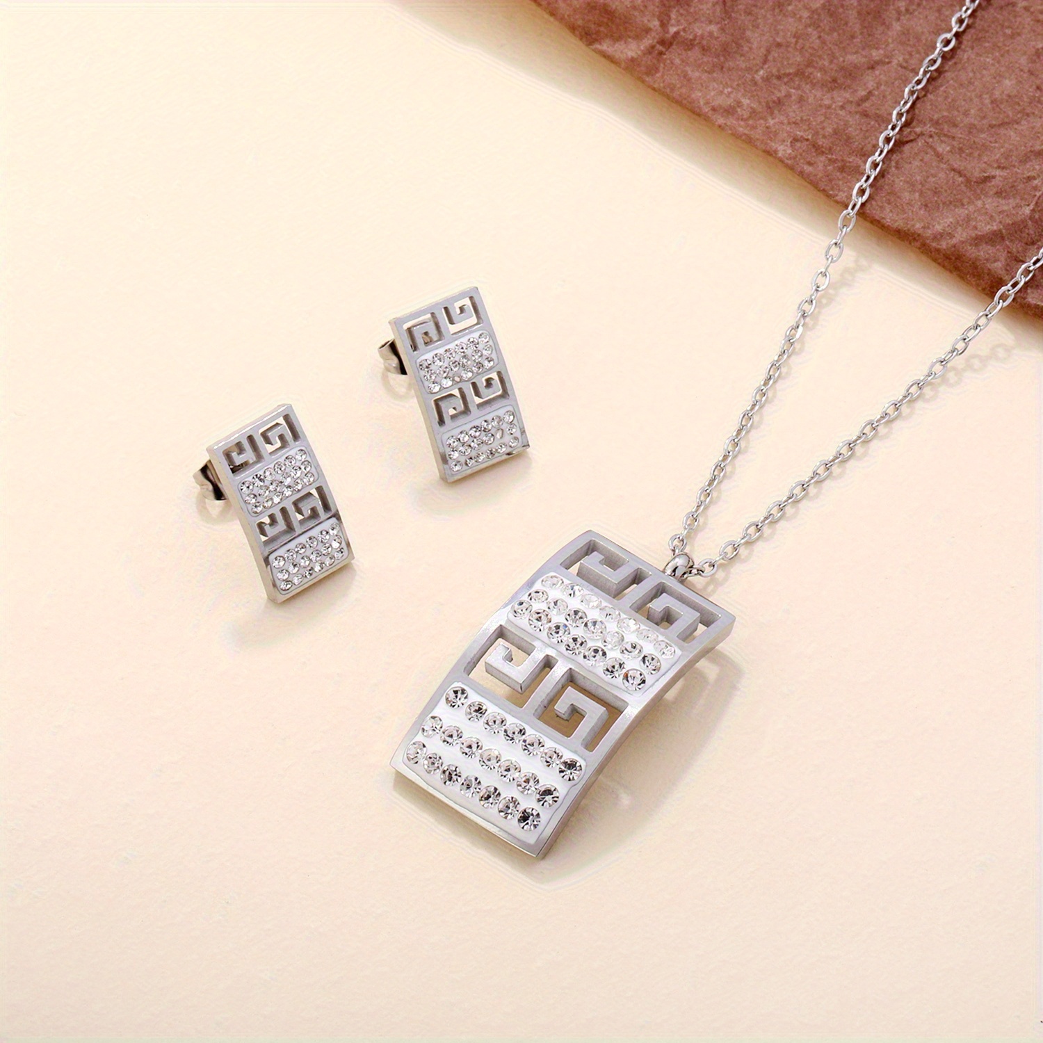 3pcs Minimalist Style Rectangular Pave Stud Earrings & Necklace Set