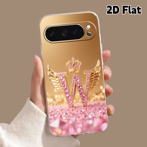 phone case 2d flat letter w inlaid with pink gemstone pink pattern tpu protective case suitable for google phone cases google pixel 6 6a 7 7a 8 8a 8pro 9 9pro 9 10a 1 xl stylish 2d