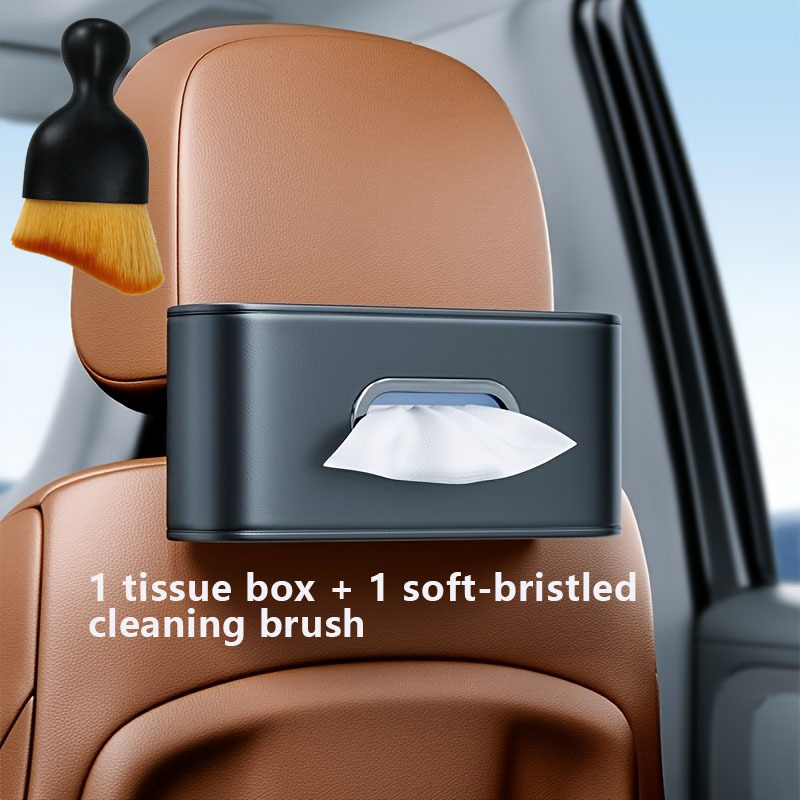 TEMU 2pcs Premium Set: 1 Car Accessory Tissue Box + 1 Soft-bristle Cleaning Brush. Multi-functional Cleaning Brush. Dashboard, Armrest Box, And Seat